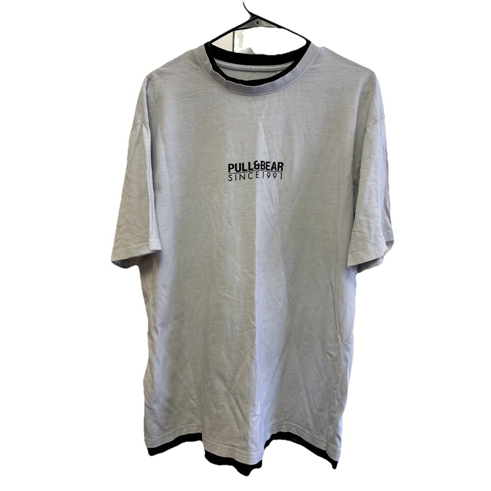 Pull&Bear Men Gray T-Shirt L Relaxed Fit Streetwear Casual Cotton Logo Graphic